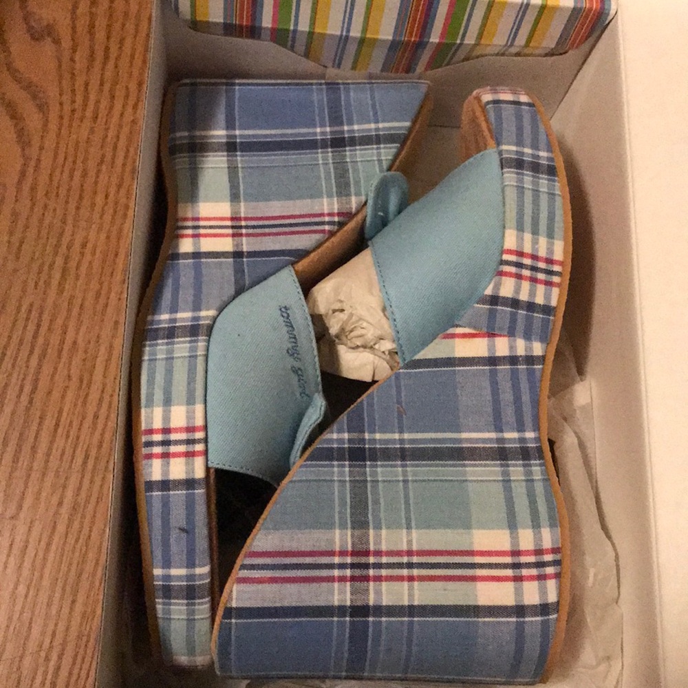 Tommy Hilfiger Blue Plaid Wedge Sandals